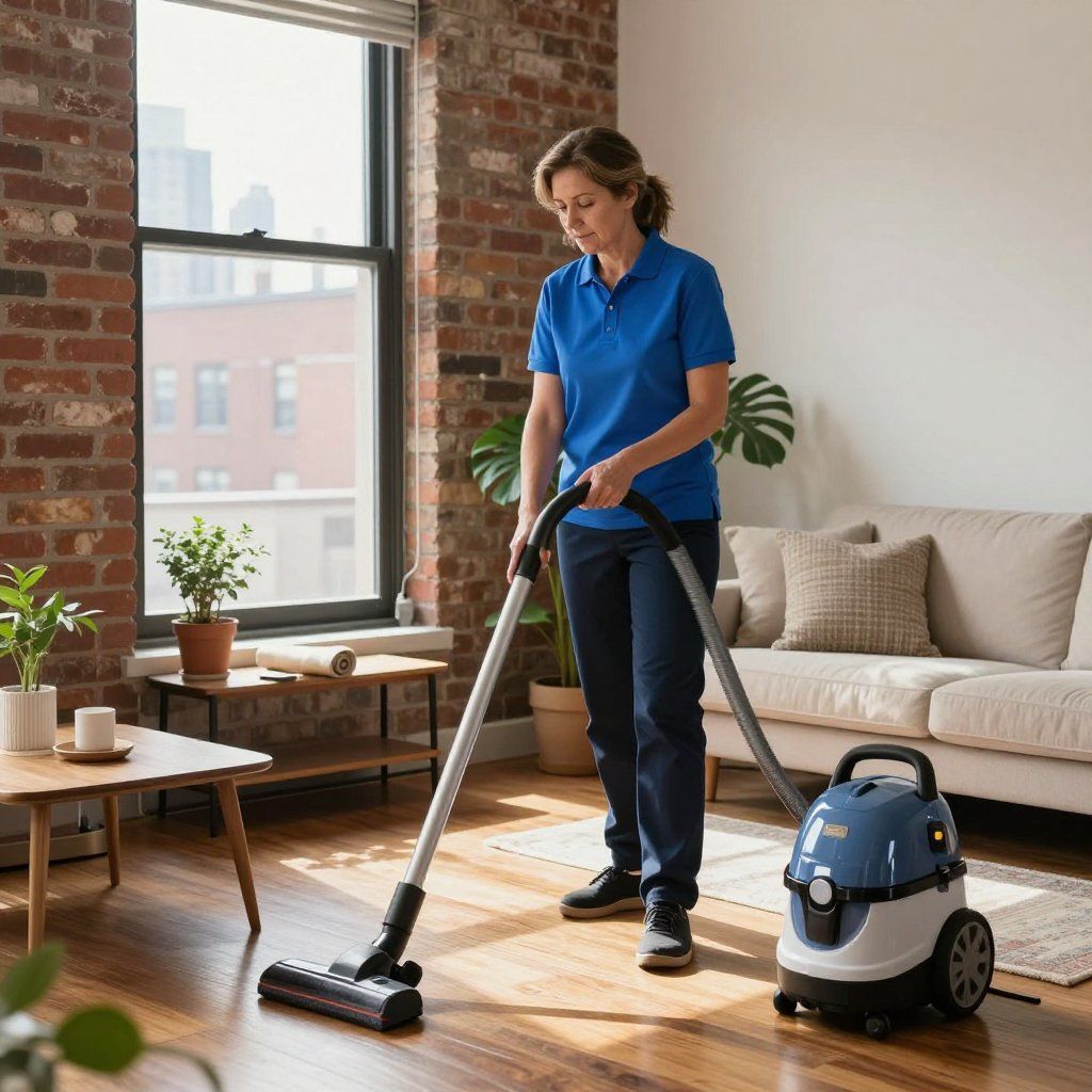 Woman vacuuming a room with a machine. The room has a brick wall, window, sofa, and a coffee table.