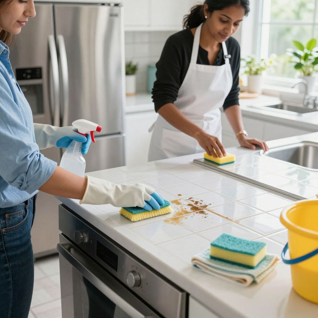 Two people cleaning a kitchen countertop with sponges and spray bottle.