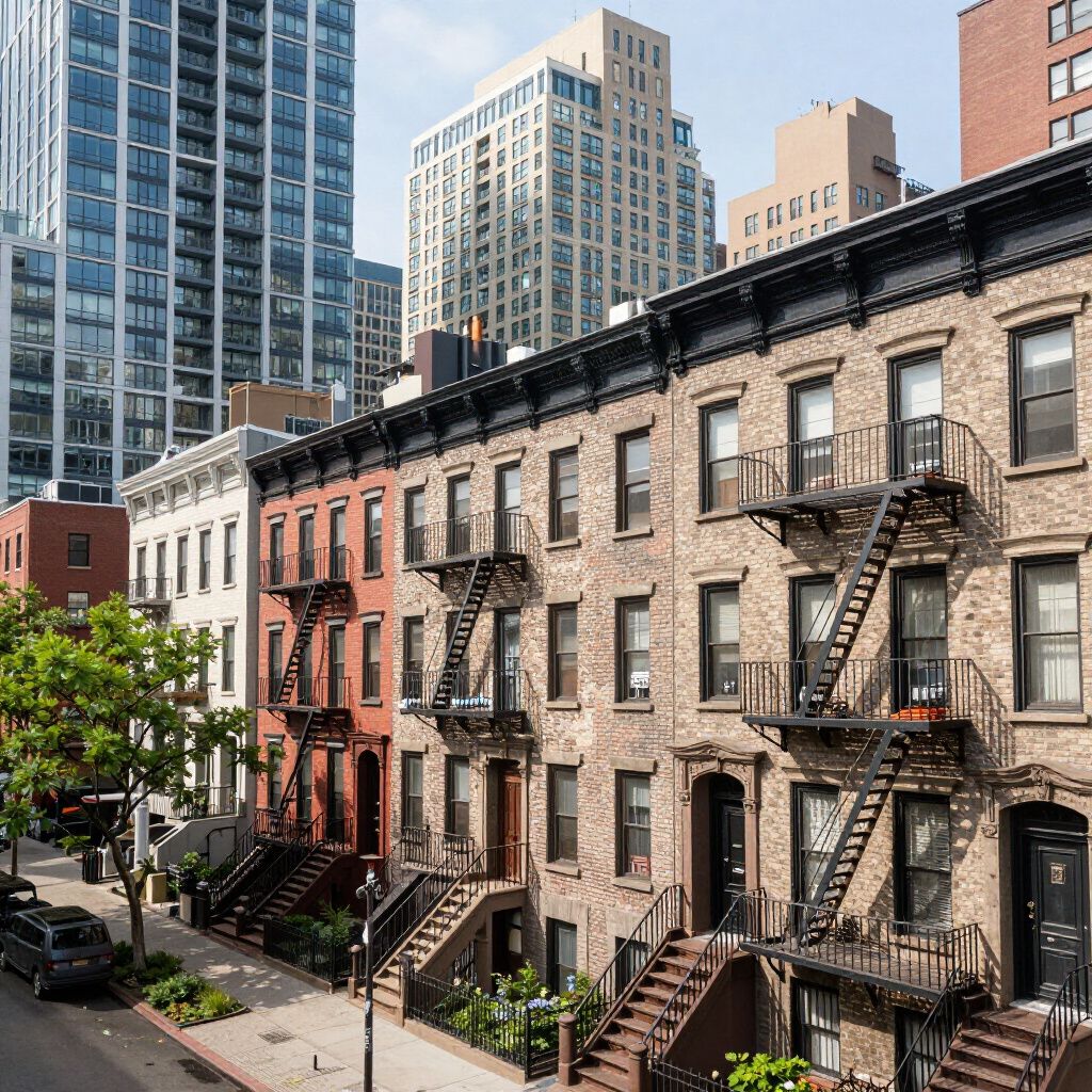 Row of brick townhouses with fire escapes, against a background of modern high-rise buildings.