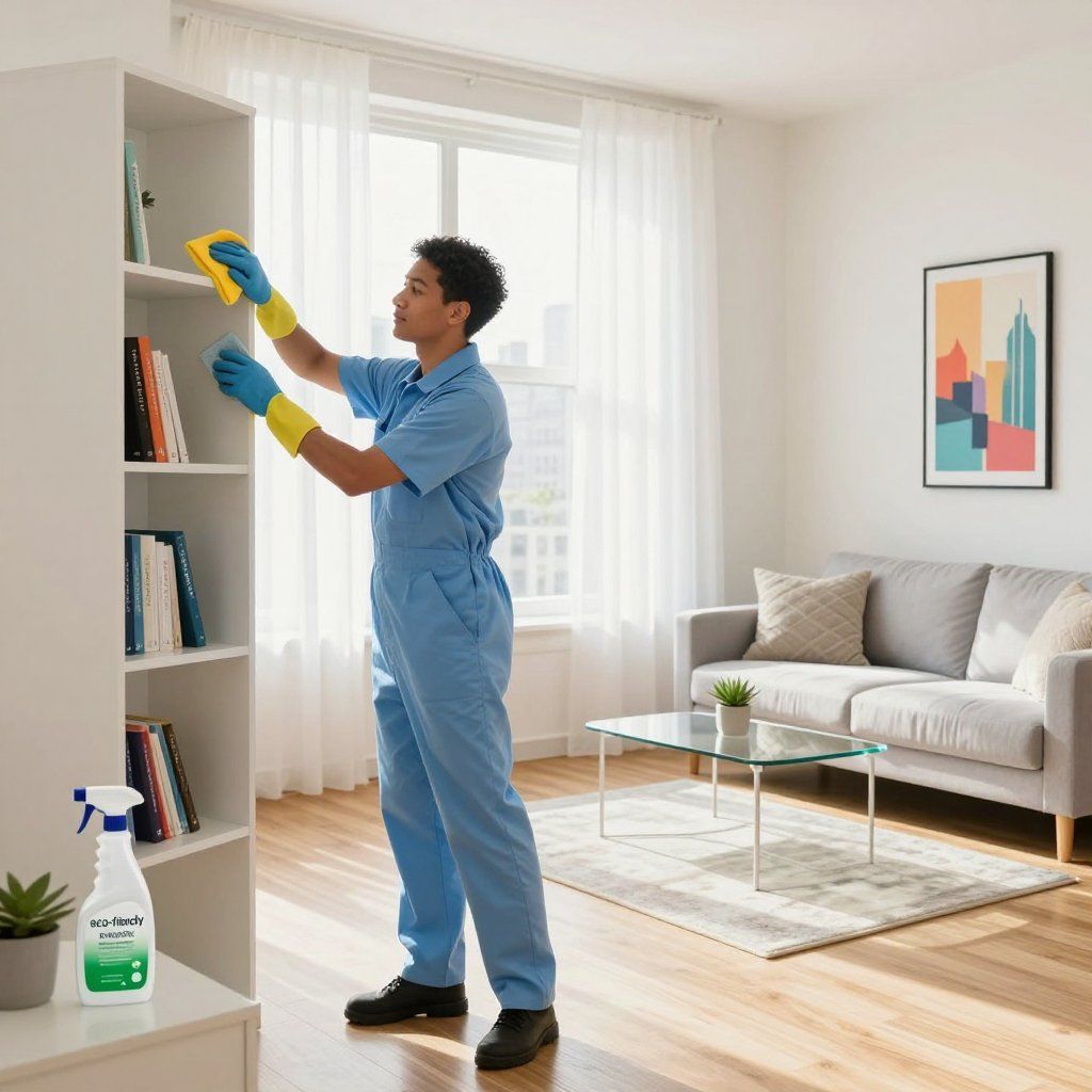 Person in blue uniform cleaning a white bookshelf with yellow gloves in a well-lit room.