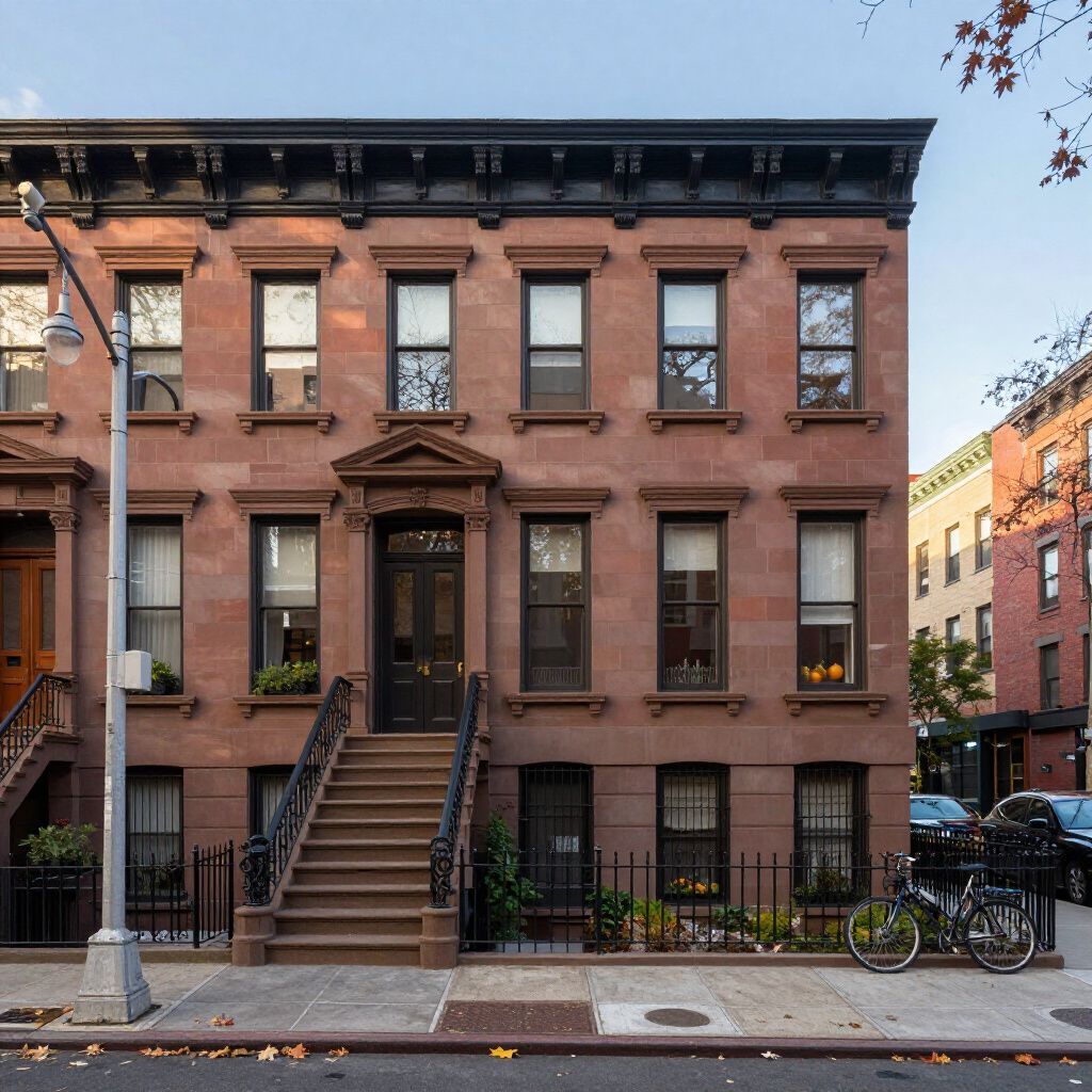 Brownstone building on a city street, with steps leading to the front door. Bikes parked in front.