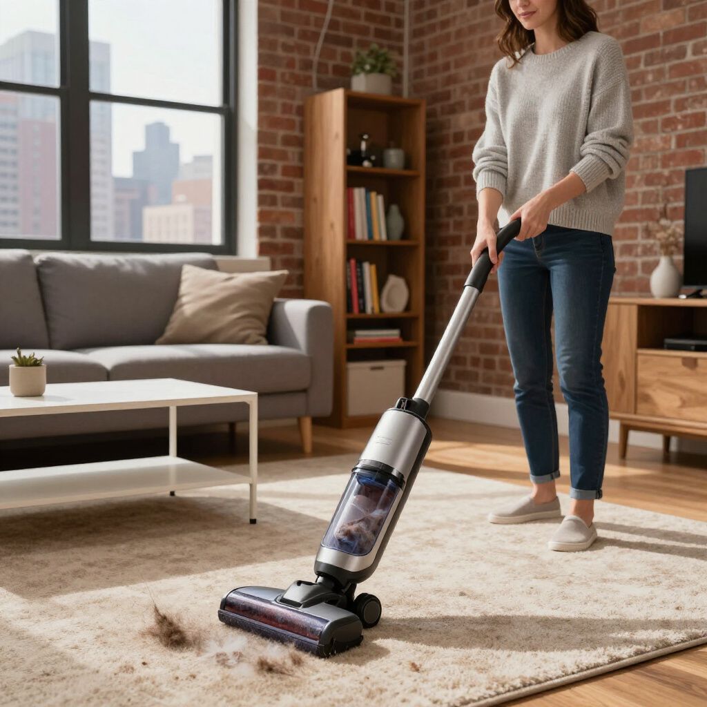 Woman vacuuming a rug in a living room with brick walls.