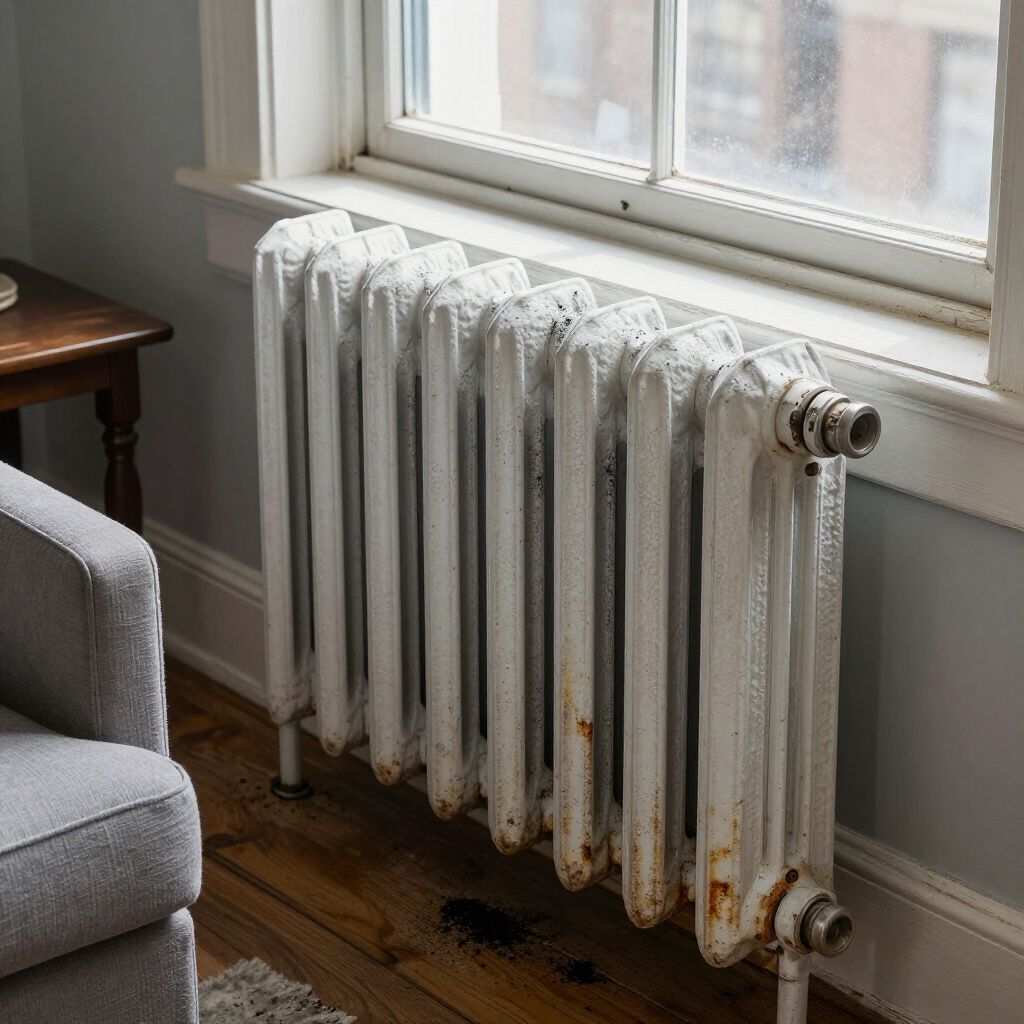 White radiator under a window in a room with a wooden floor and a gray armchair.