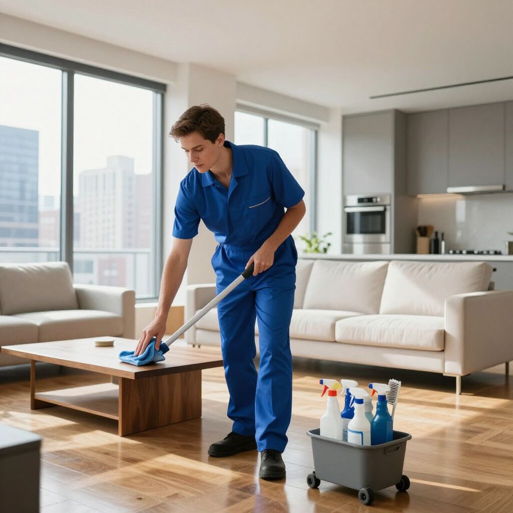 Person in blue uniform cleaning a modern living room. They wipe the wooden table with a cloth, cleaning supplies nearby.