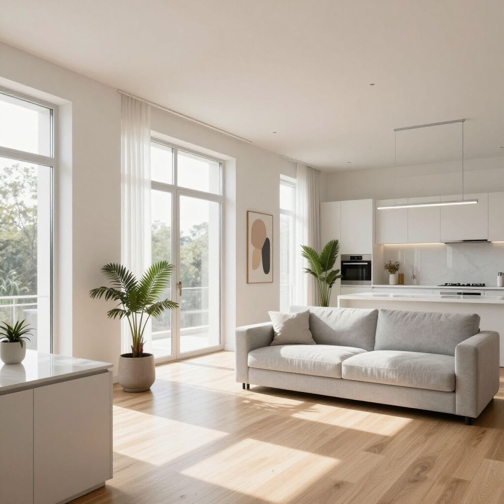 Bright, modern living room with a light gray sofa, wooden floors, and large windows overlooking trees.
