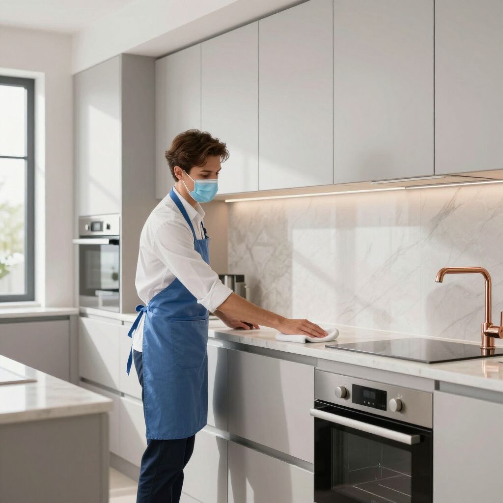 Person in a blue apron and mask cleaning a kitchen counter.