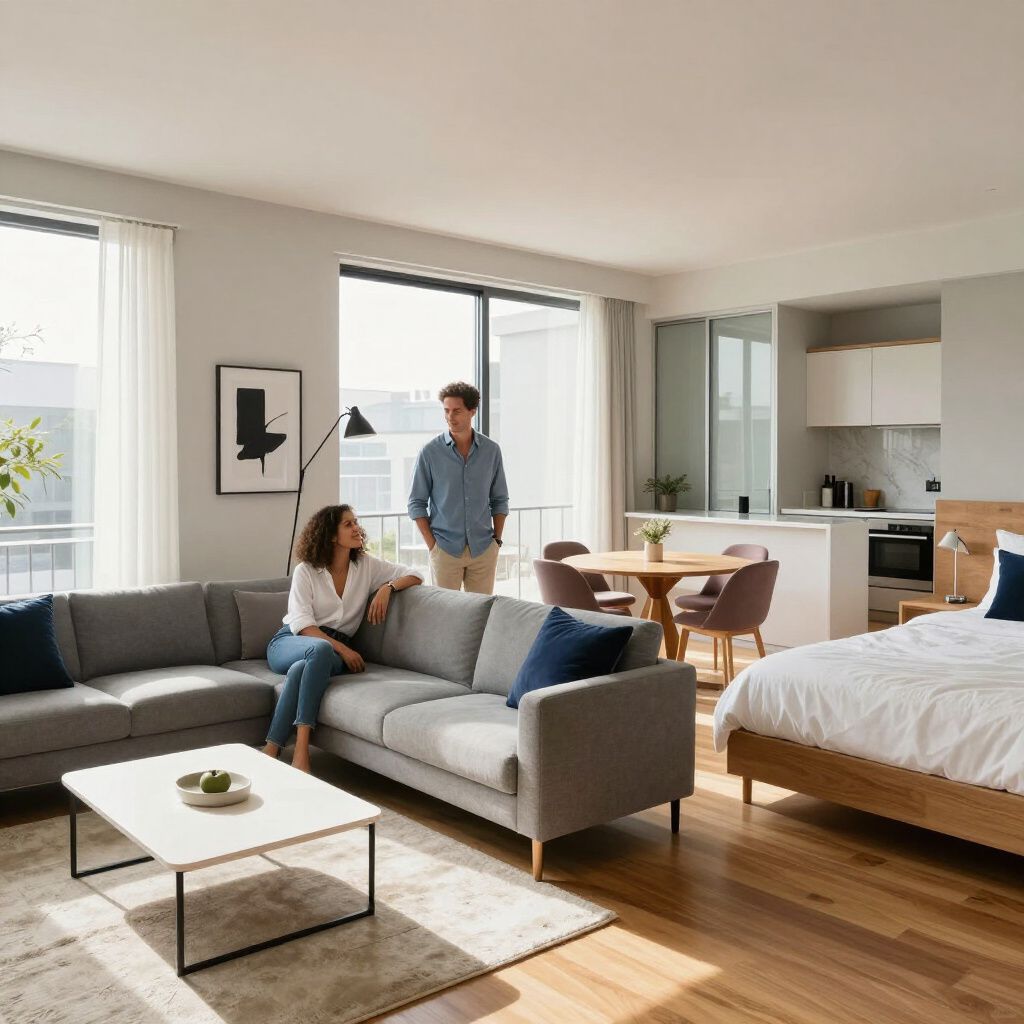 A bright, open-plan apartment with a couple: one seated on a gray sectional sofa, the other standing near the kitchen.