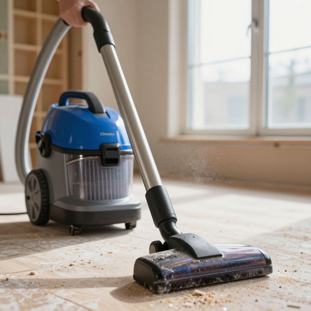 Vacuum cleaner cleaning a wooden floor, blue and silver details.
