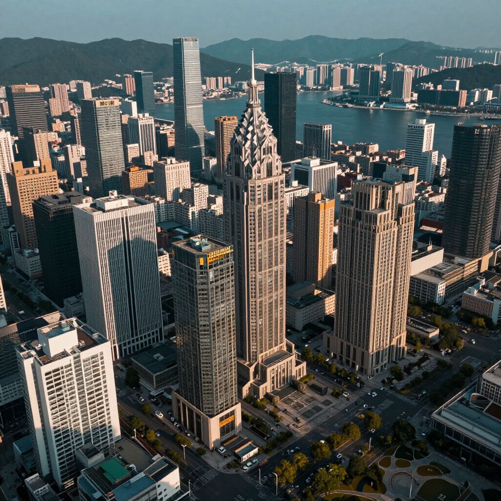 Aerial view of a city skyline with tall buildings, some near a body of water, and mountains in the distance.