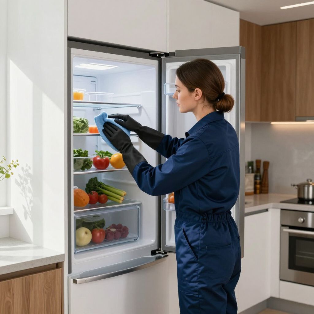 Woman in blue jumpsuit and gloves cleaning the inside of a refrigerator with produce.
