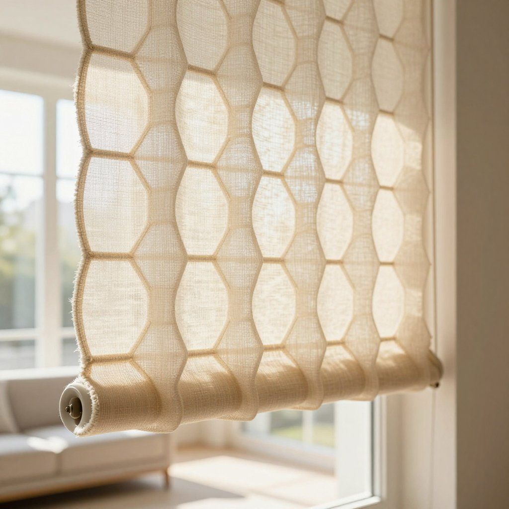 Beige, honeycomb-patterned window shade, partially lowered. Lit by sunlight, in front of a window.