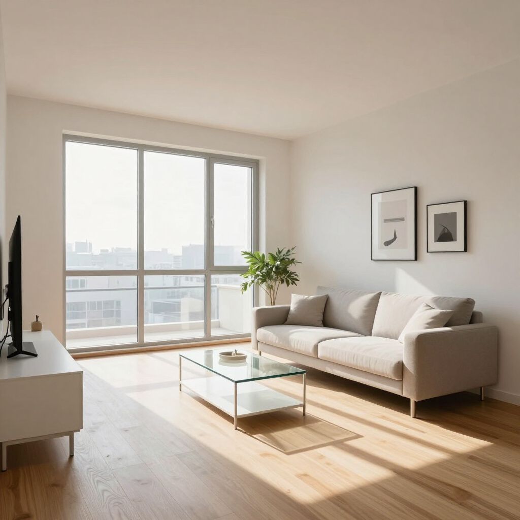 Bright living room with large windows, sofa, coffee table, and TV on a white cabinet. Sunlight streams in.