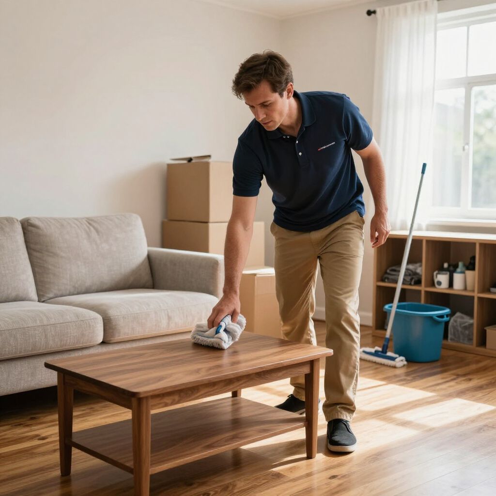 Man dusting a wooden coffee table in a living room, near a sofa, window, and cleaning supplies.