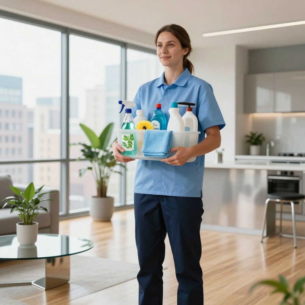 Woman in blue uniform holding cleaning supplies in a bright, modern living space.