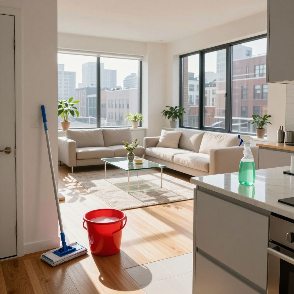 Living room interior being cleaned: mop, bucket, window, two beige sofas, city view.