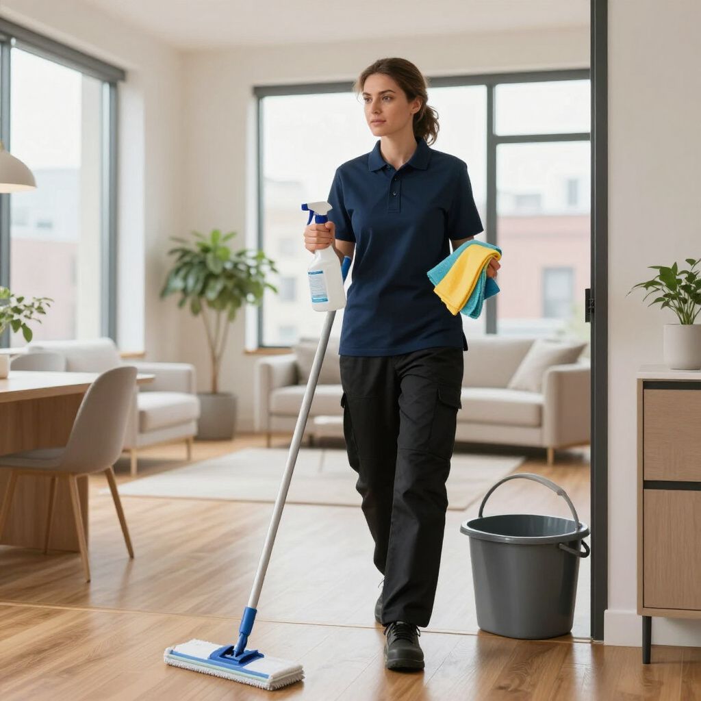 Woman mopping a wood floor in a brightly lit room. She holds a spray bottle and cleaning cloths.