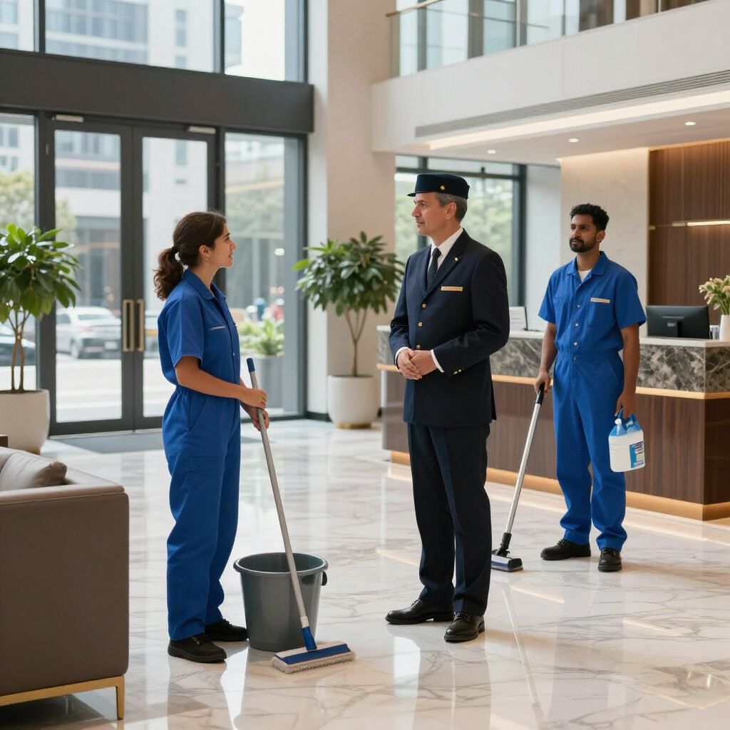 Three hotel employees in a lobby: a doorman and two cleaners in blue, one mopping, the other with cleaning supplies.