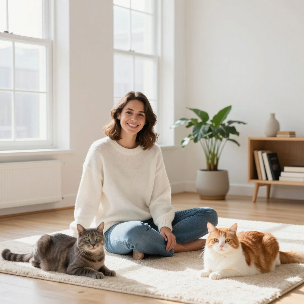 Woman sitting with two cats on a rug in a sunlit room, smiling.
