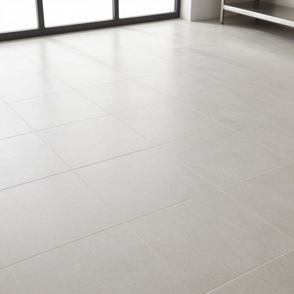 Light gray tiled floor in a room with a large window and a metallic shelf.