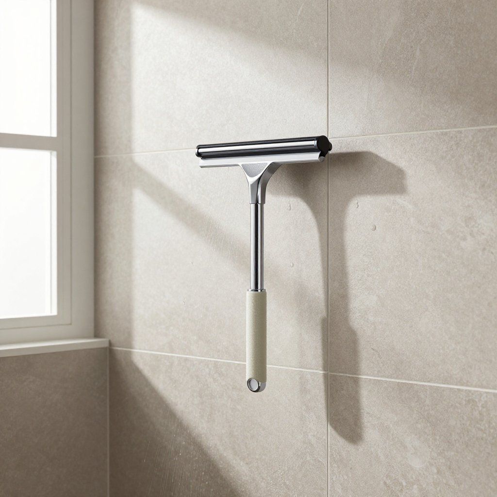 Chrome shower squeegee hanging on a beige tile wall near a window.