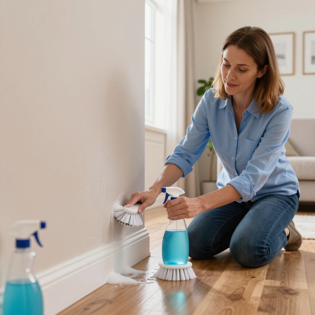 Woman cleans wall with a brush and spray bottle indoors.