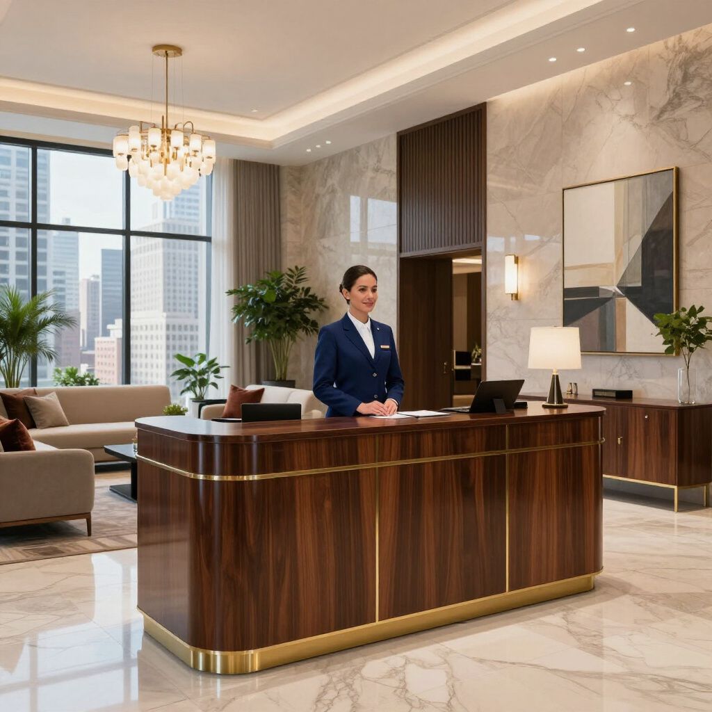 Hotel lobby with a person at the front desk. Large windows, marble walls, and a warm-toned wooden desk with gold accents.