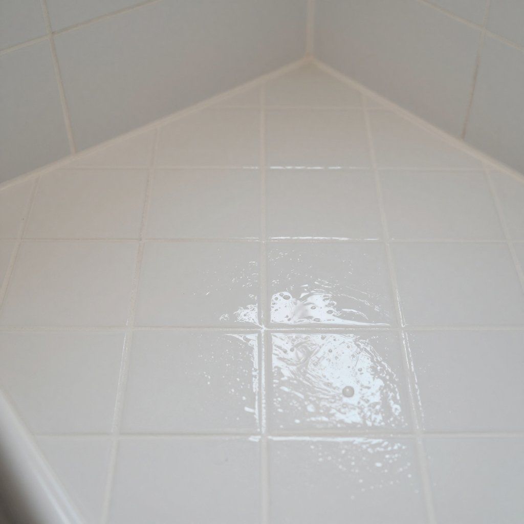 White tiled shower wall with wet surface in a triangular section.