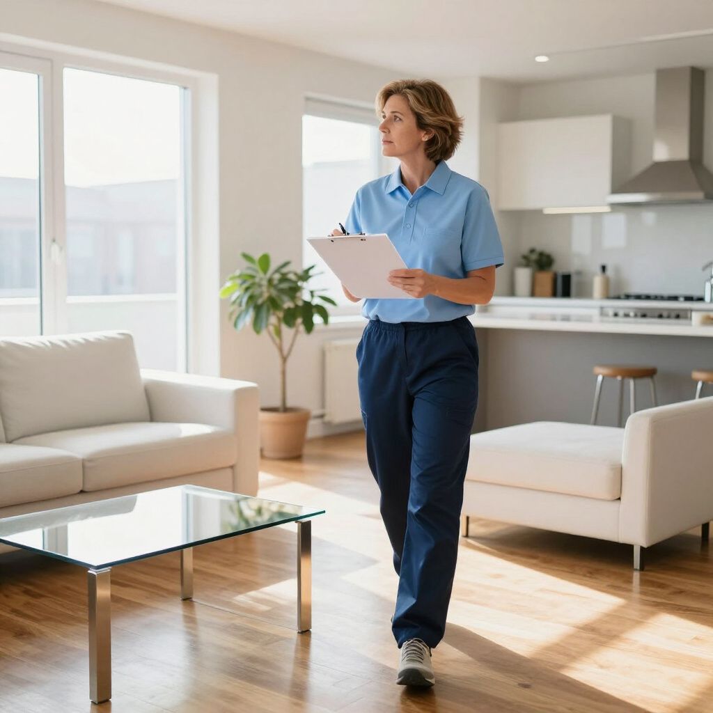 Woman in blue uniform inspecting a bright, modern living room, holding clipboard.