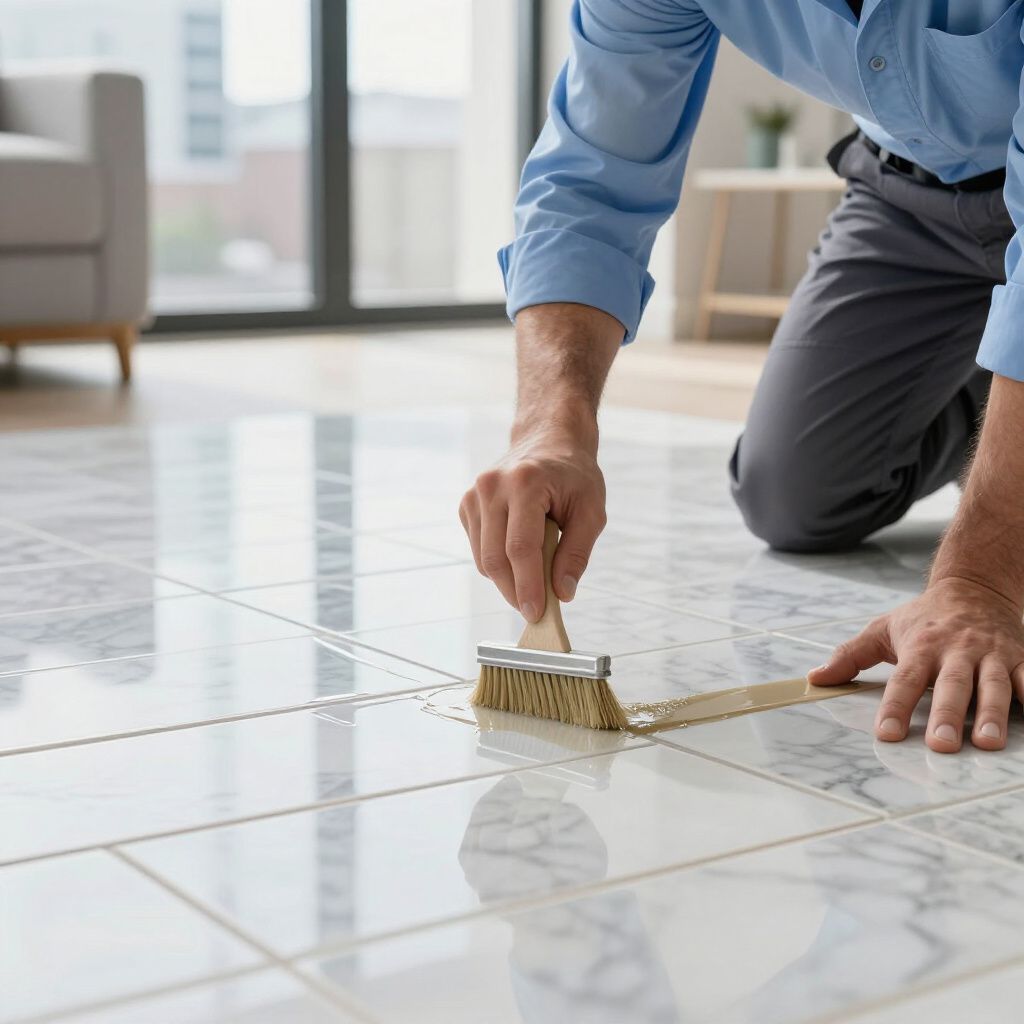 Person on knees grouting tile floor with a brush, in a well-lit room.