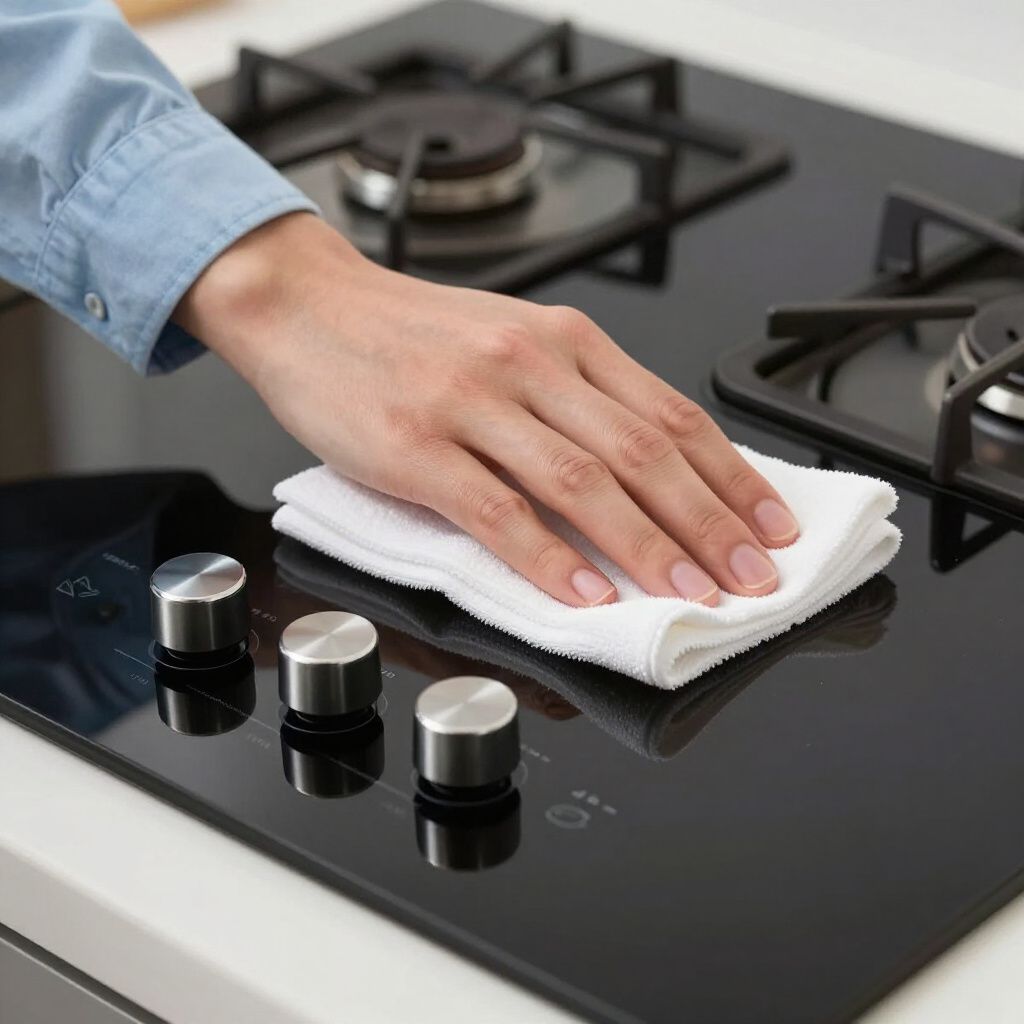 Hand wiping a black stovetop with a white cloth; control knobs visible.