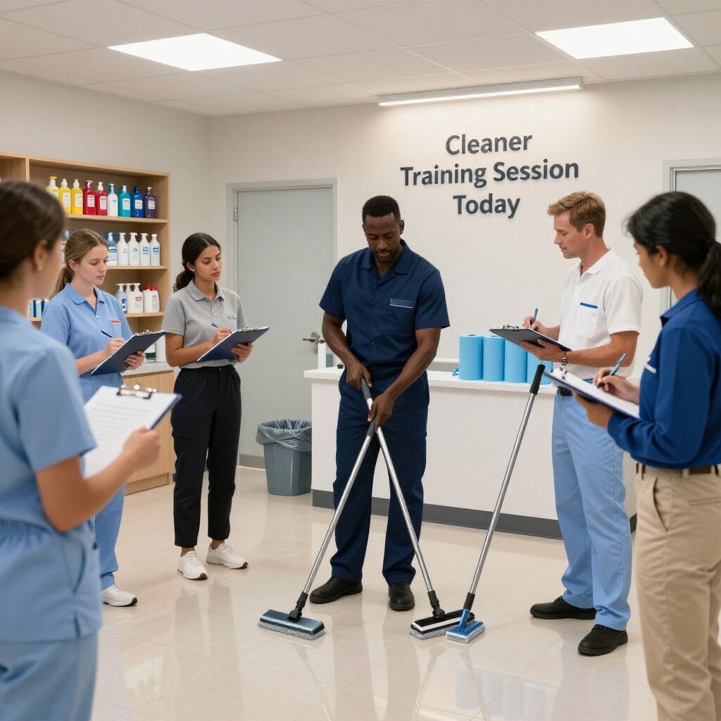 People in a training session, practicing floor cleaning. Sign says 