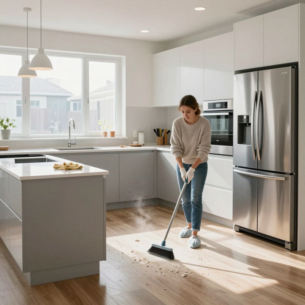 Woman sweeping a kitchen floor with a broom. Dust and debris flying. Light-colored cabinets and appliances.