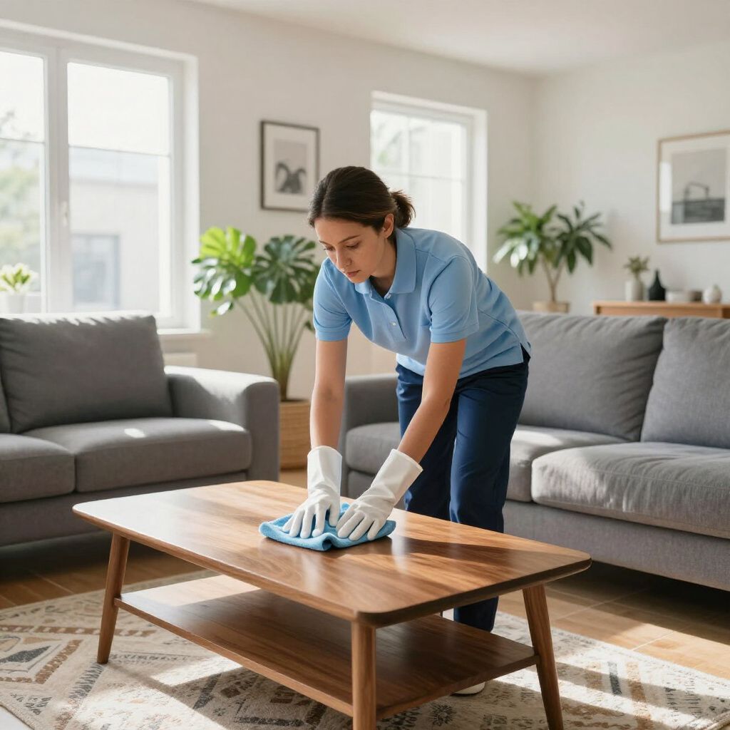 Woman cleaning a wooden coffee table in a living room, wearing gloves and blue shirt.