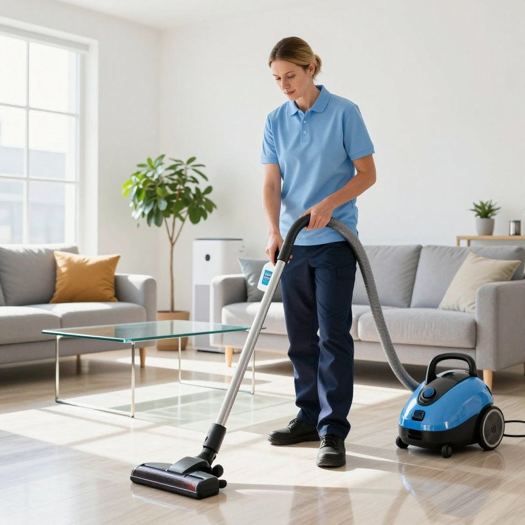 Woman vacuums a living room with blue vacuum cleaner.
