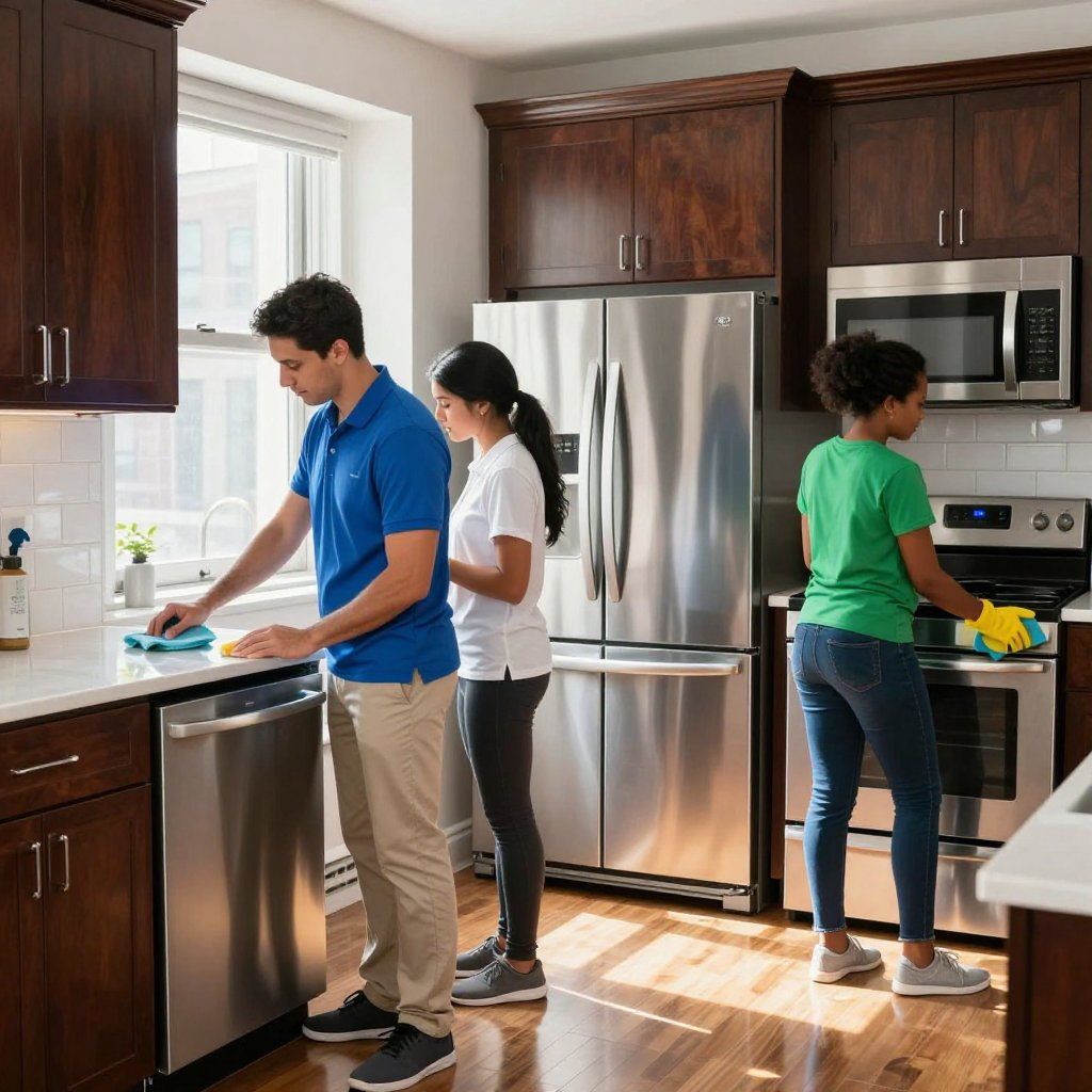 Three people cleaning a kitchen with stainless steel appliances and dark wood cabinets.