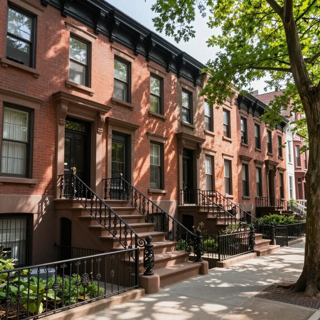 Row of brick townhouses with stoops and black iron railings on a sunny street.