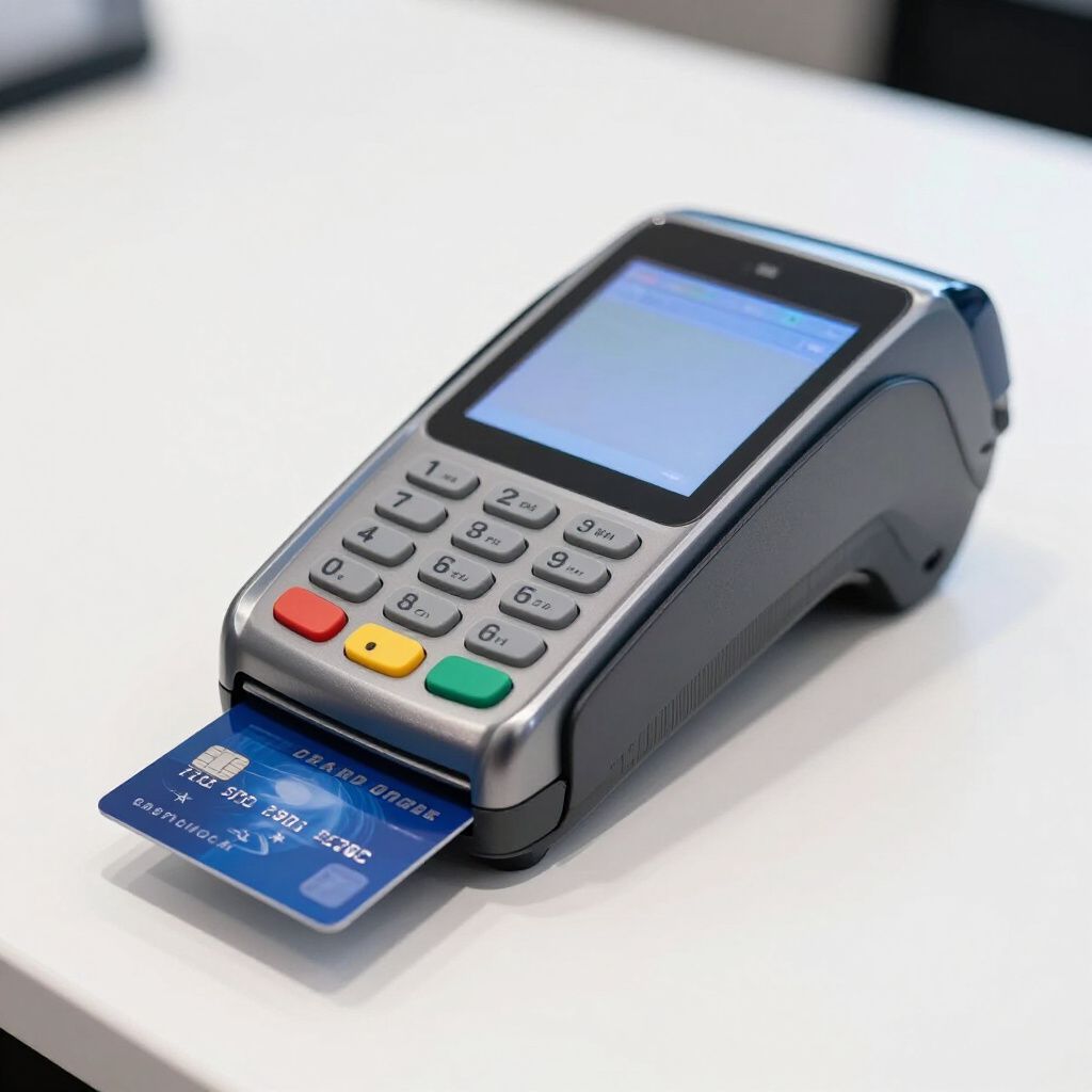 Credit card being swiped in a point-of-sale terminal on a white surface.