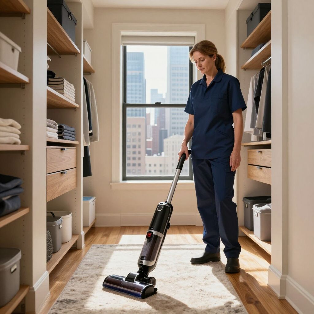 Woman vacuuming a rug in a closet with city view, wearing blue uniform.