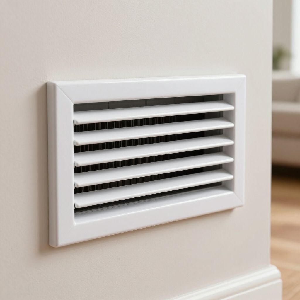 White rectangular air vent on a beige wall.