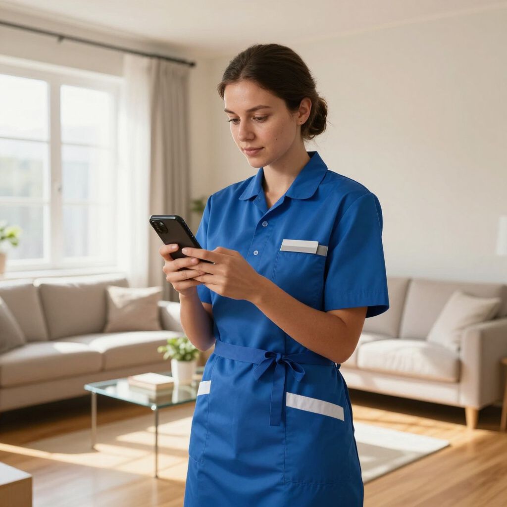 Woman in blue uniform looks at phone in a living room.