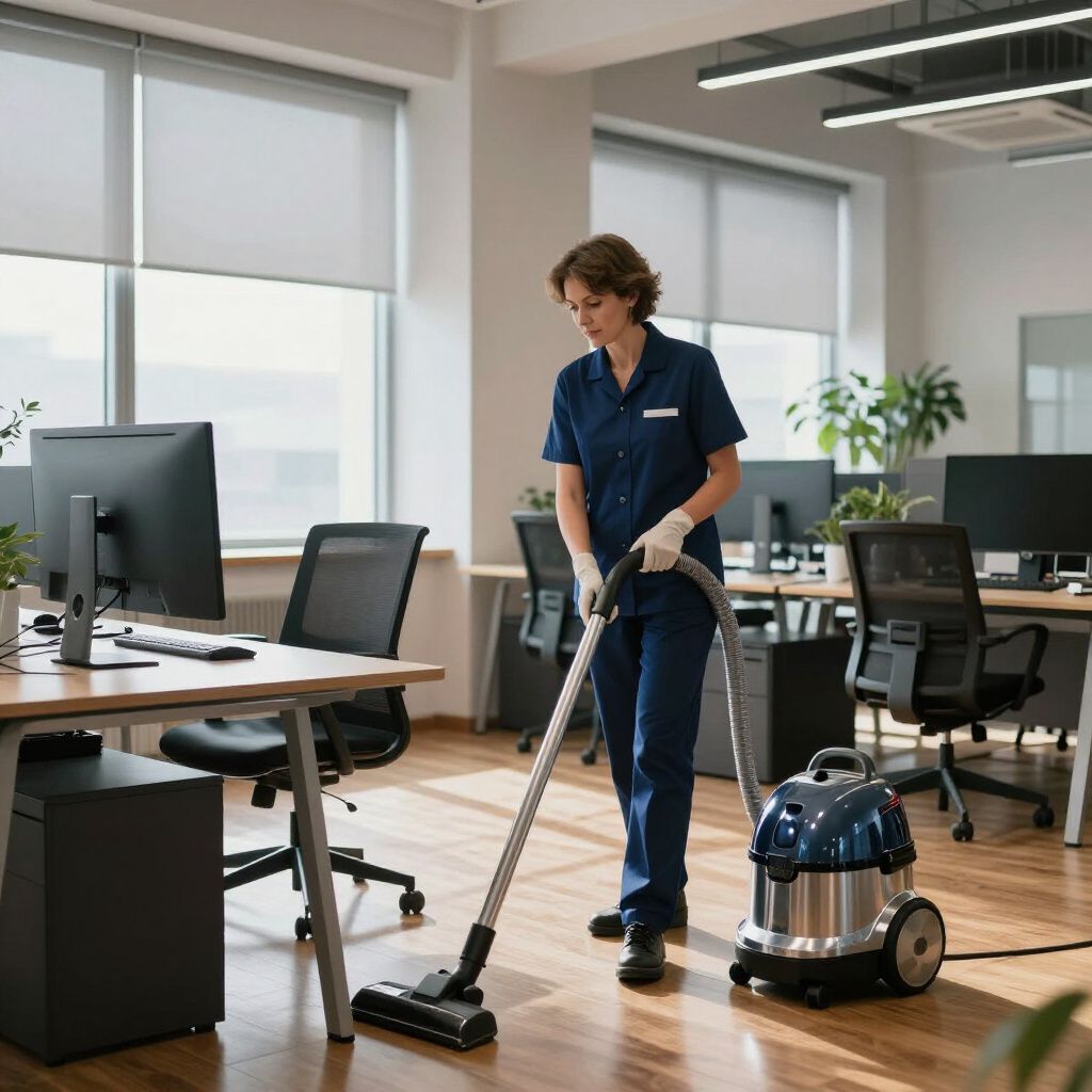 Person vacuuming an office with desks, computers, and windows.