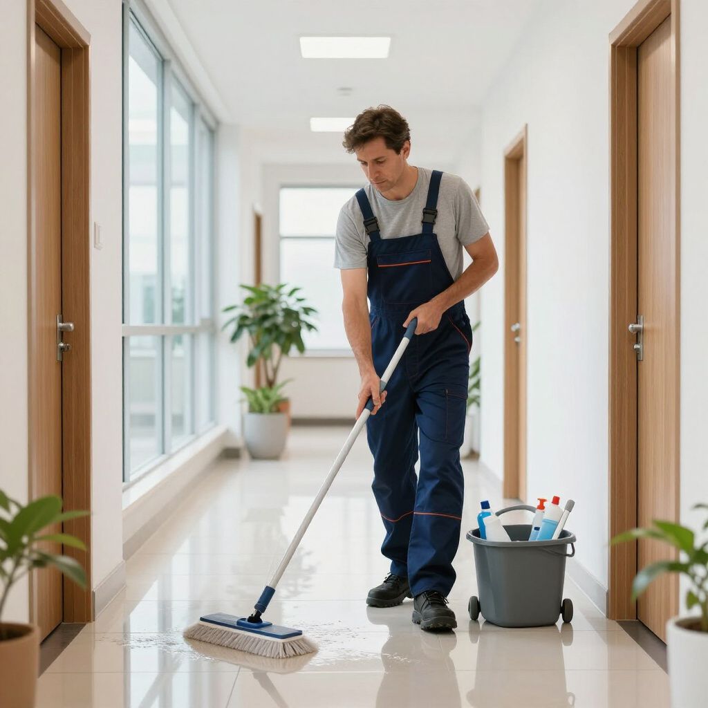 Man mopping a shiny hallway floor with bucket of cleaning supplies nearby.