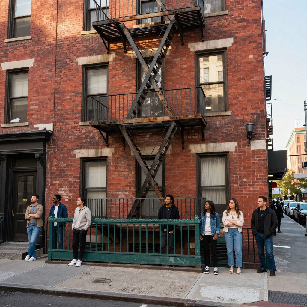 Group of people stand outside a brick building with a metal fire escape.
