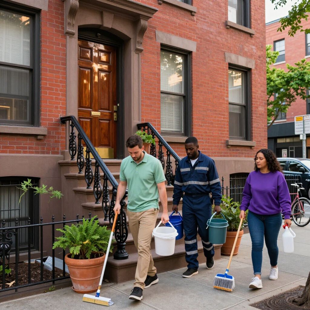 Three people walking on a city sidewalk carrying cleaning supplies in front of a brick building.