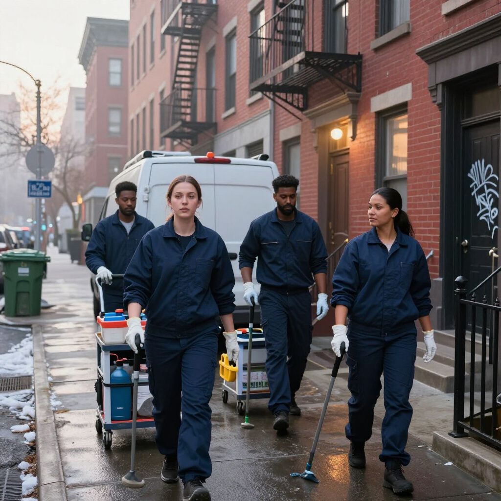 Four people in blue jumpsuits, pushing cleaning equipment down a city street.