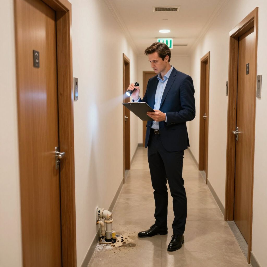 Man in suit examining damage on floor in a hallway with flashlight and clipboard.