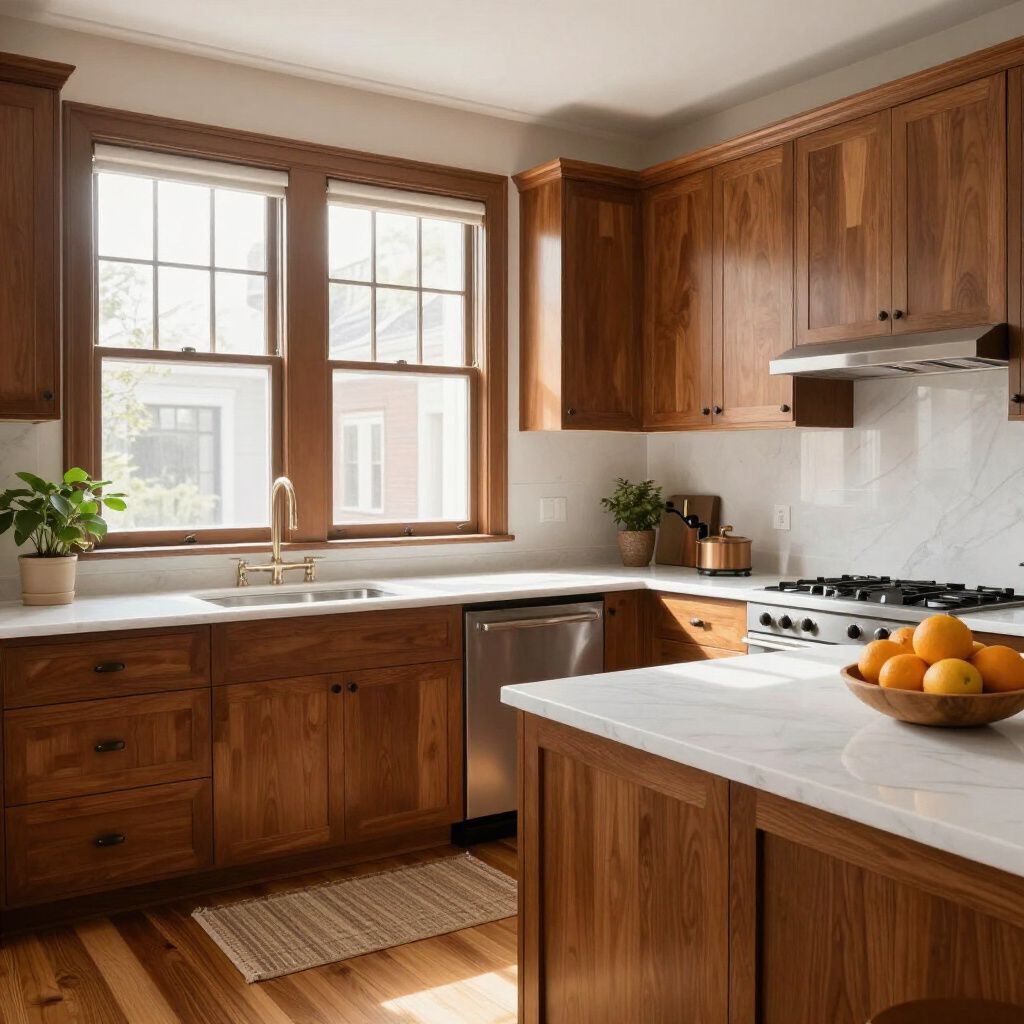 Kitchen with wooden cabinets, stainless steel appliances, marble countertops, and a window.