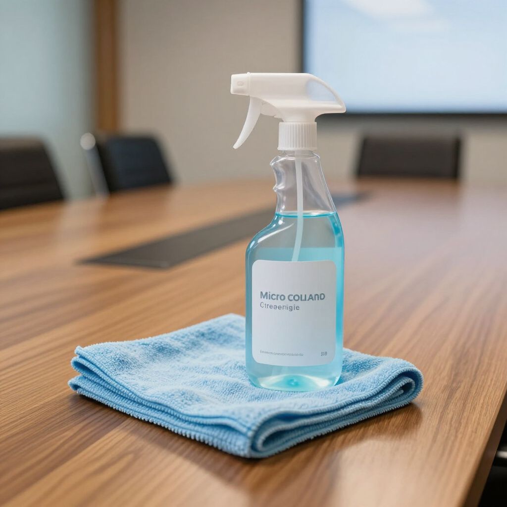Spray bottle and blue cloth on a wood conference table, for cleaning.