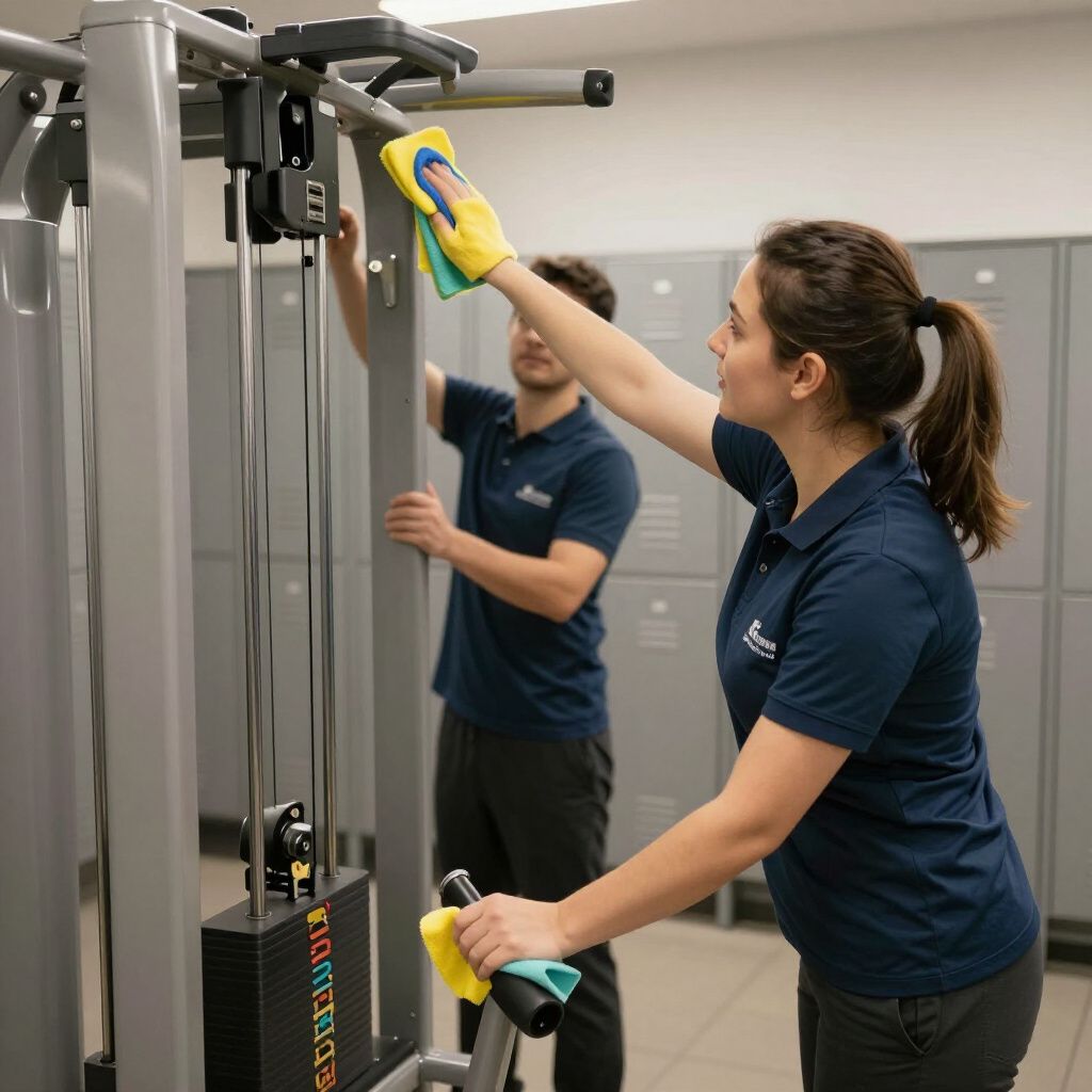 Two people cleaning gym equipment with cloths in a locker room.