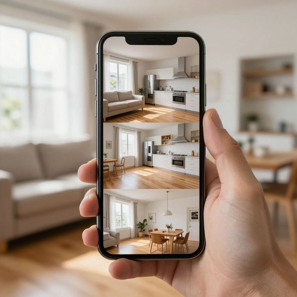 Hand holding a phone displaying three views of a modern living space: living room, kitchen, and dining area.
